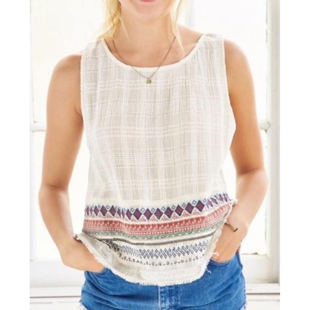 UO Ecote Cotton Gauze Embroidered Tank S White Cropped Boho Festival‎ Open Back